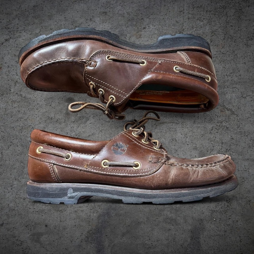 Vintage 90's Timberland Brown Leather 3 Eye Lug Boat Shoes Size M 9.5